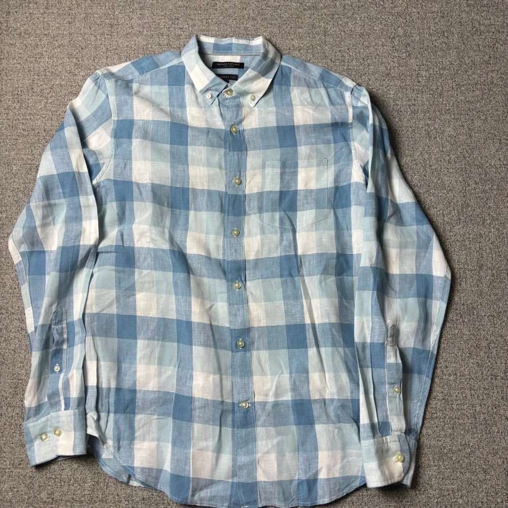 Banana Republic Linen Shirt Mens M Camden Fit Blue Gingham Button-Down Sleeve
